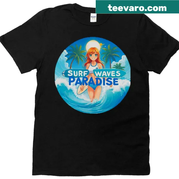 Anime surfer girl riding waves illustrated on a T-shirt