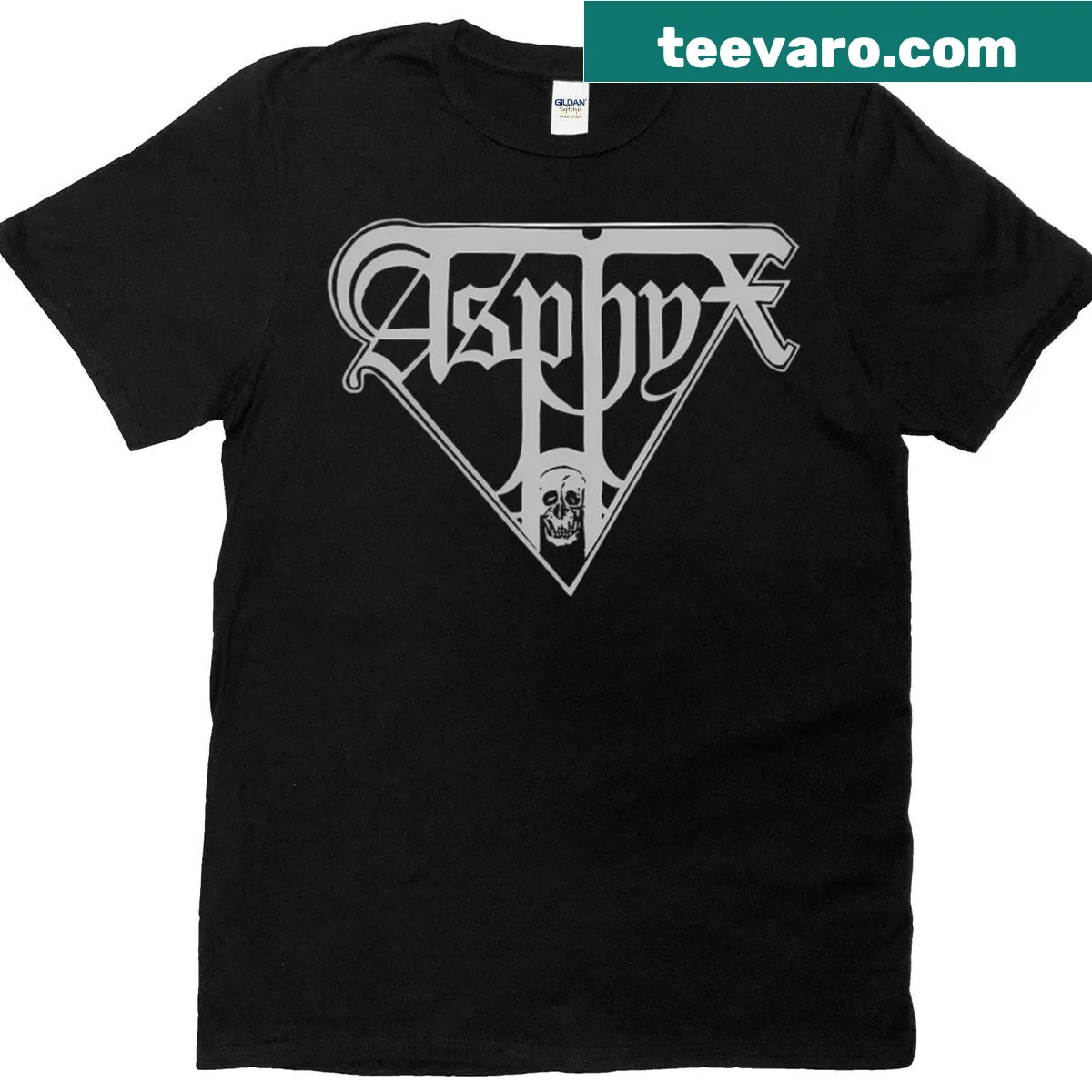 Asphyx logo on a bold death metal-themed T-shirt — on a men's t-shirt