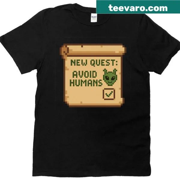 Pixel art t-shirt featuring a scroll with the text 'Avoid Humans' in quirky design