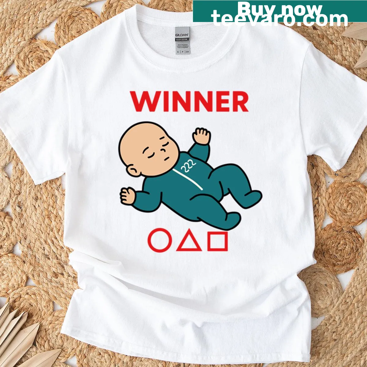 Playful T-shirt featuring a Baby Winner theme inspired by Squid Game — on a men's t-shirt