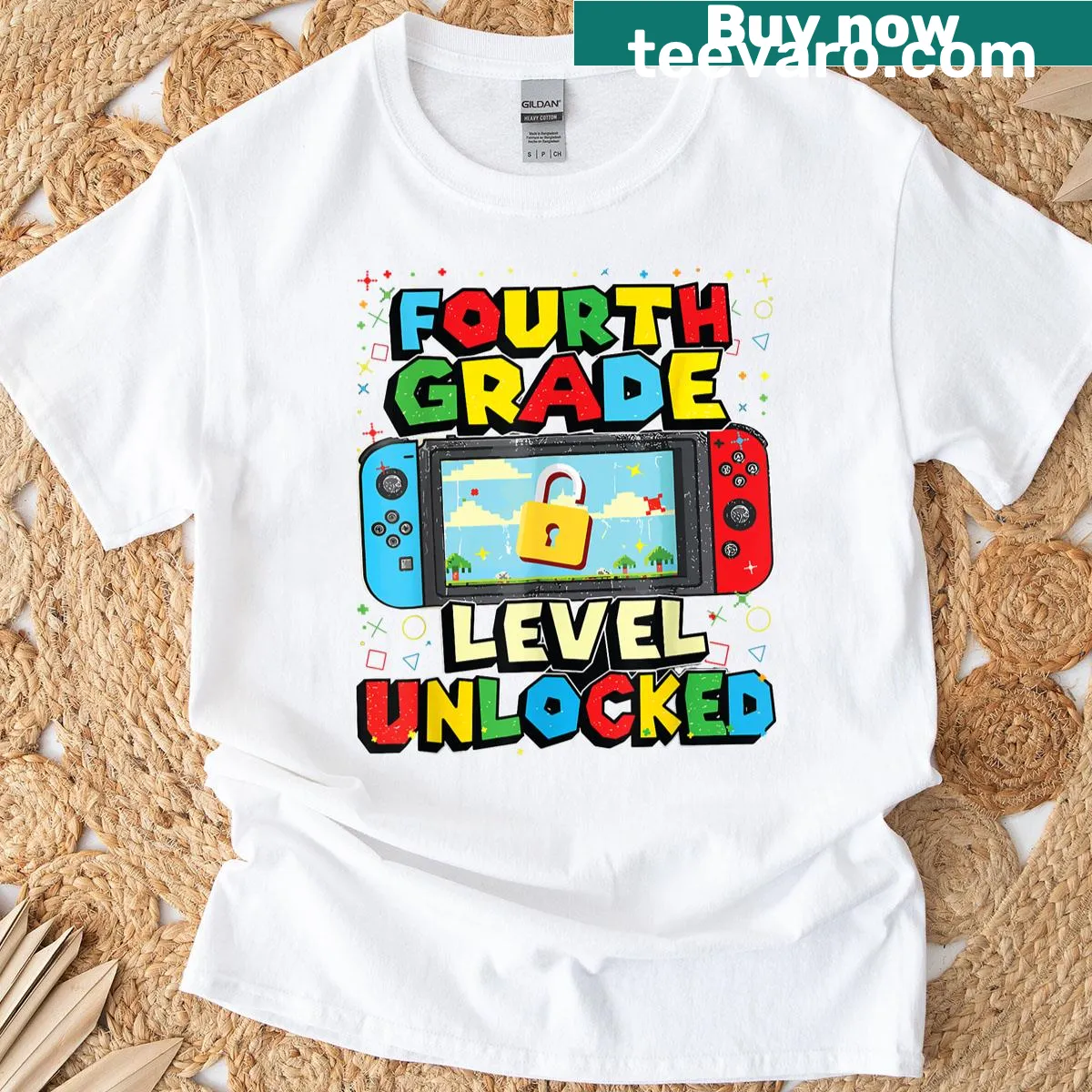 Funny T-shirt celebrating 4th-grade achievement with gaming theme — on a men's t-shirt