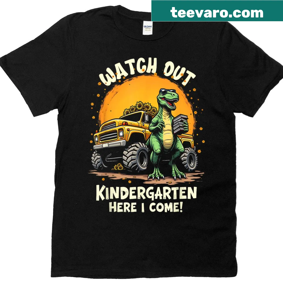 Retro T-rex in a monster truck graphic for kids' back-to-school T-shirt — on a men's t-shirt