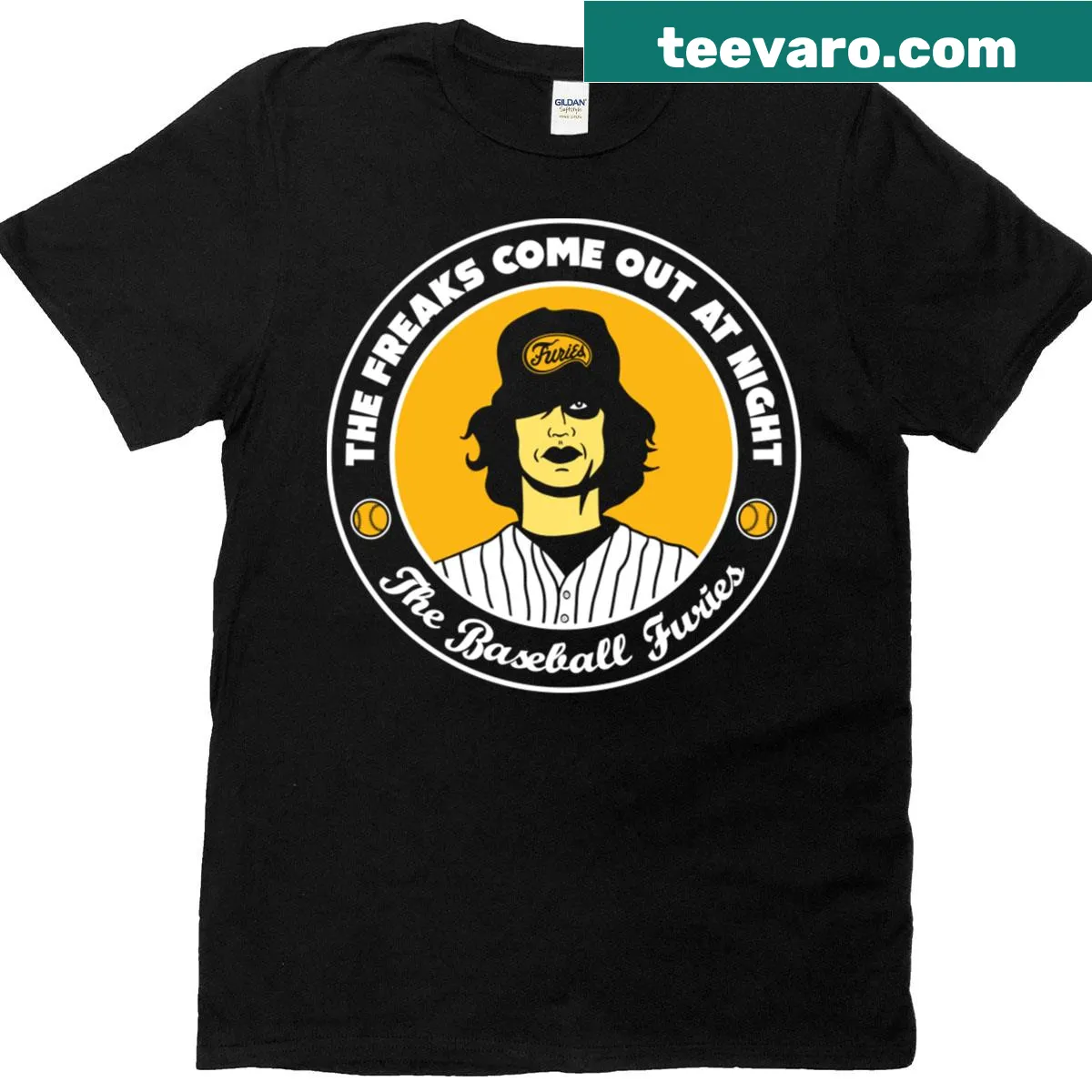 Cartoon design merging baseball players with 'The Warriors' theme — on a men's t-shirt