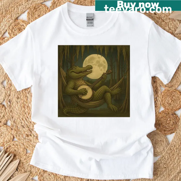 Whimsical t-shirt with gator playing banjo in the bayou