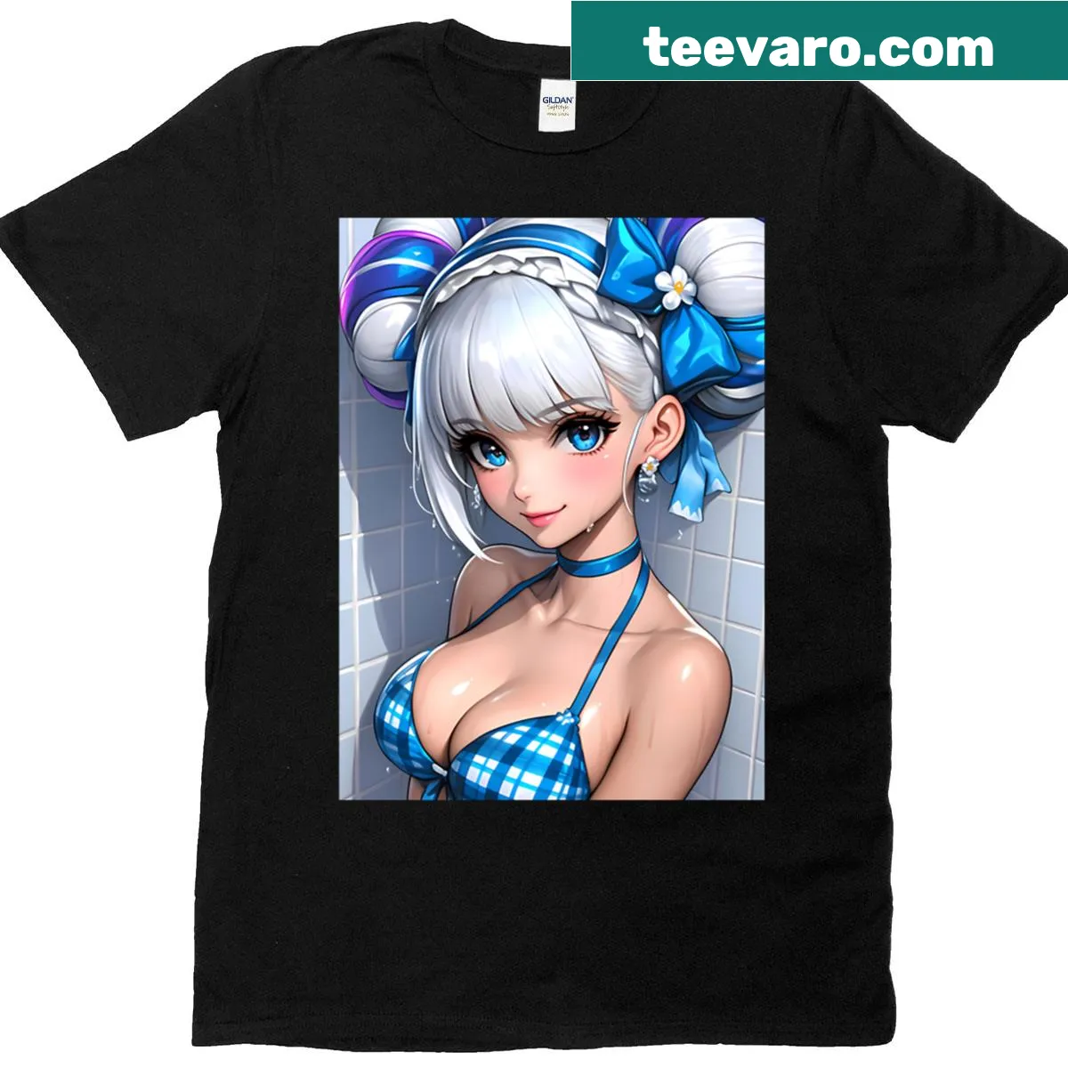 Oversized anime t-shirt with whimsical swim portrait graphic — on a men's t-shirt