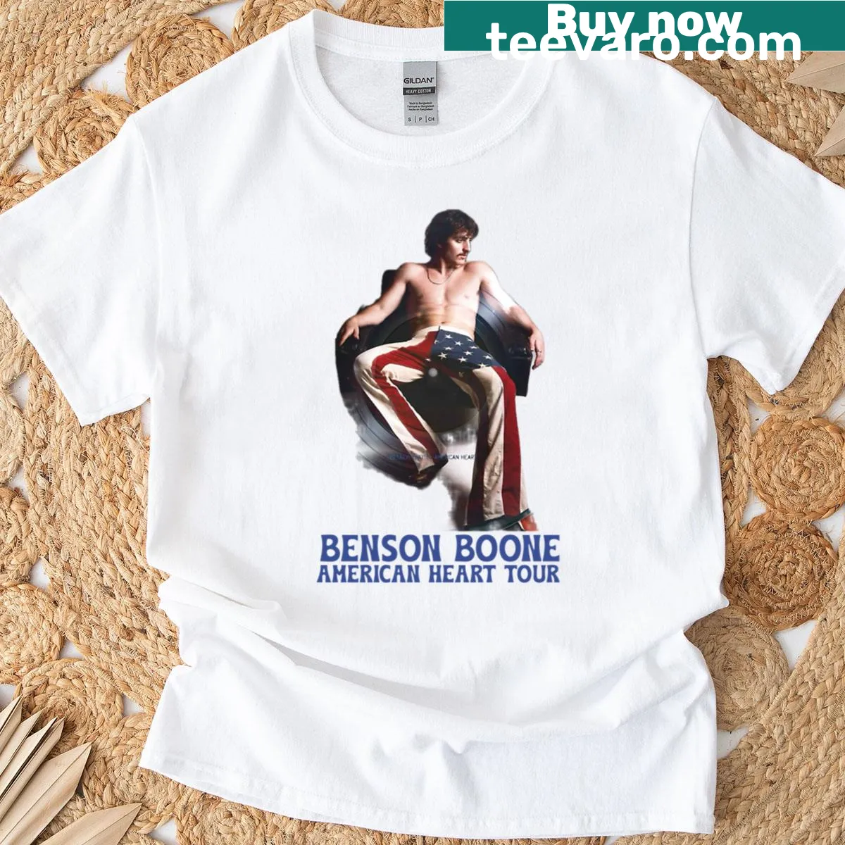 Graphic t-shirt featuring vinyl records, perfect for music lovers — on a men's t-shirt