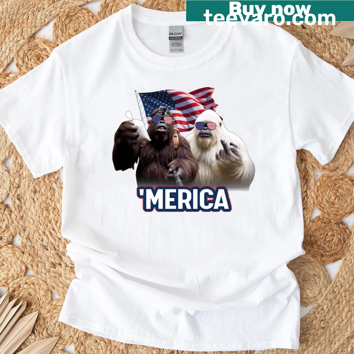 Playful Bigfoot illustration with beer on July 4th t-shirt — on a men's t-shirt