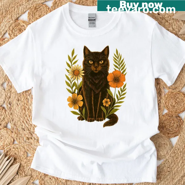 Vintage botanical T-shirt with black cat and floral design