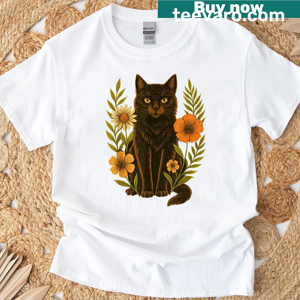 Vintage botanical T-shirt with black cat and floral design — on a men's t-shirt