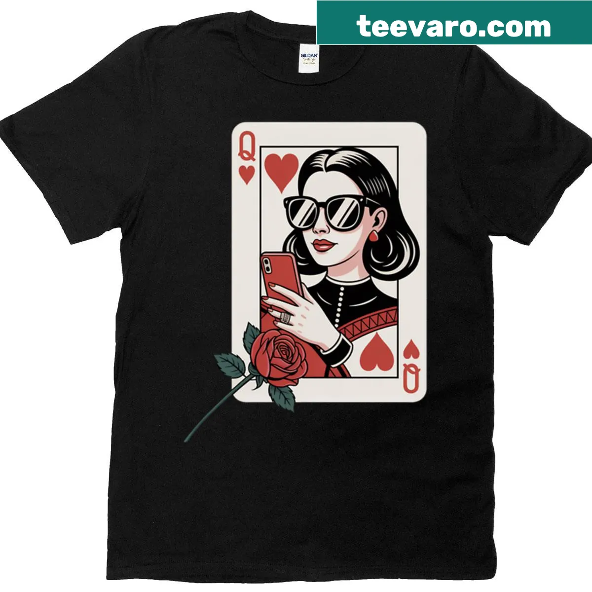 Vintage distressed T-shirt featuring a Black Queen of Hearts design. — on a men's t-shirt