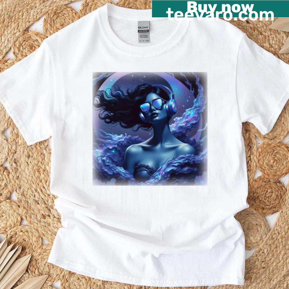 Cartoon graphic of girl with headphones on T-shirt — on a men's t-shirt
