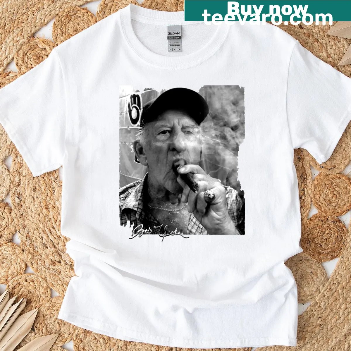 Mr. Baseball T-shirt featuring Bob Uecker's illustration — on a men's t-shirt