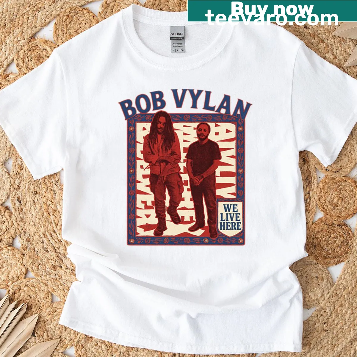 Stylized text tribute design to Bob Vylan on a t-shirt — on a men's t-shirt