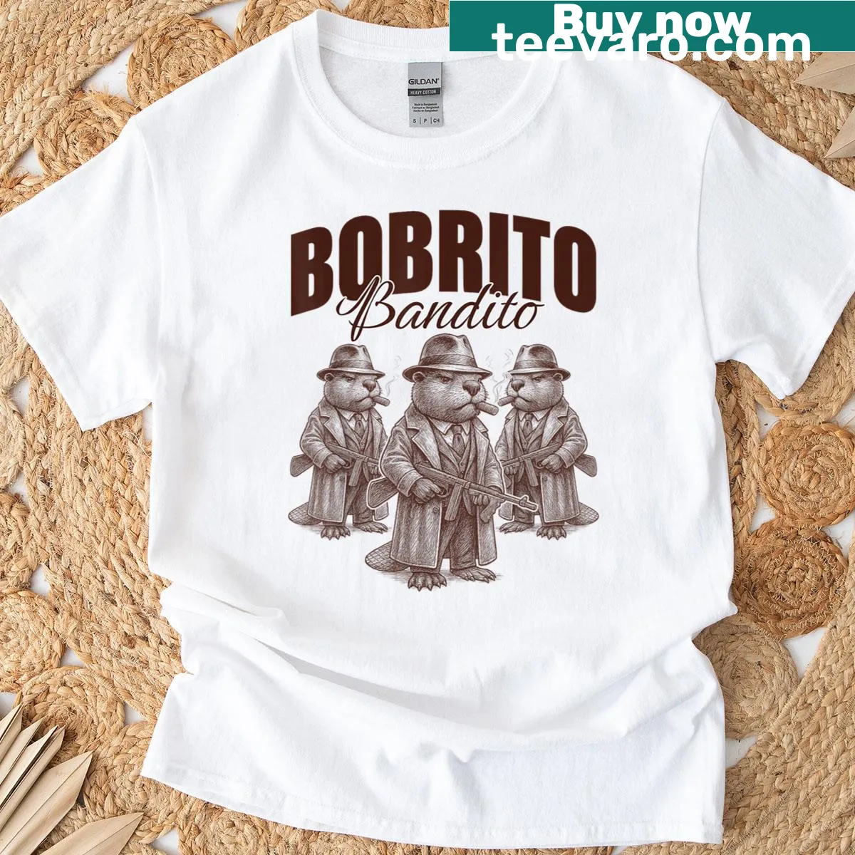 Funny Bobrito Bandito meme T-shirt with playful illustration — on a men's t-shirt
