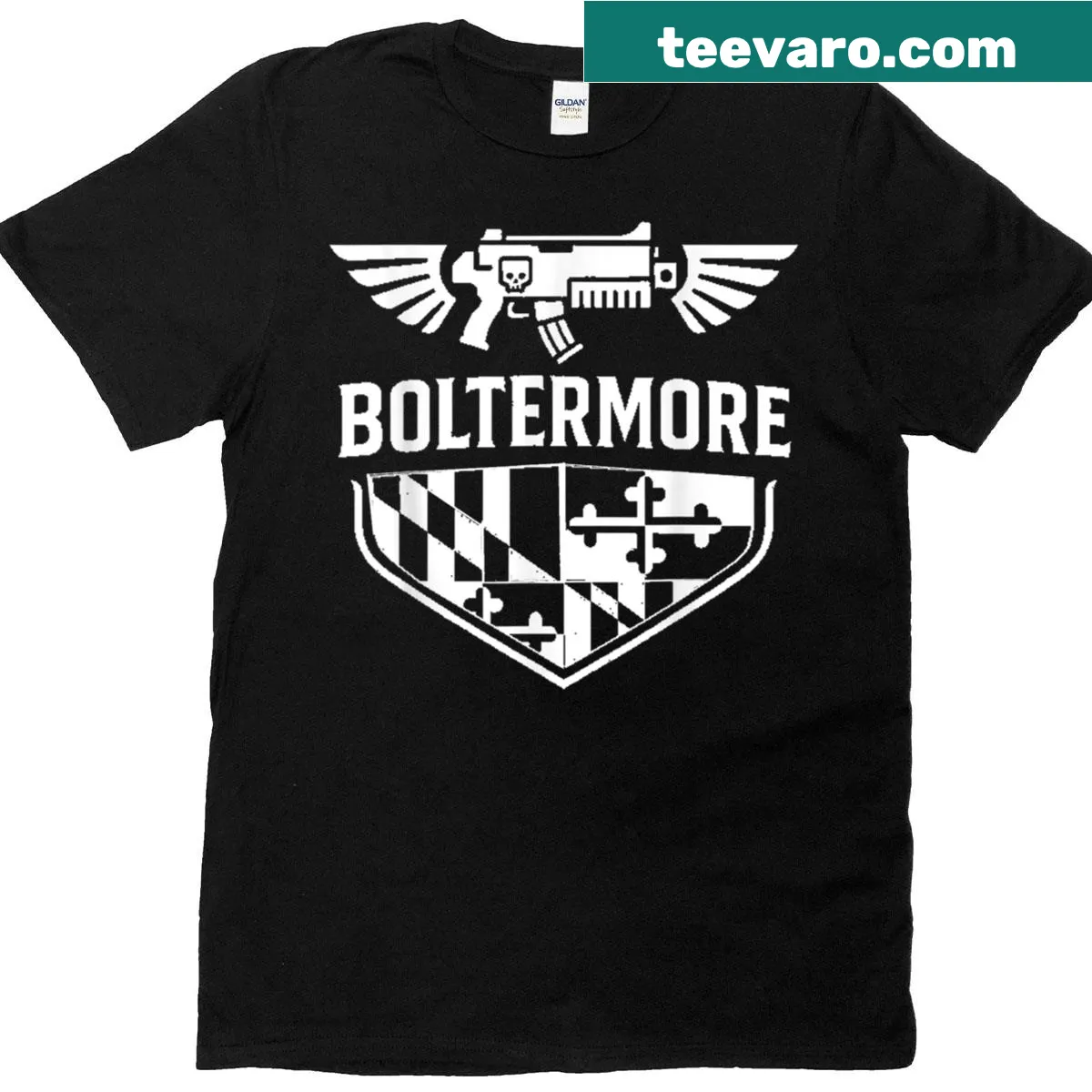 T-shirt featuring the Boltermore Wargaming Club emblem — on a men's t-shirt