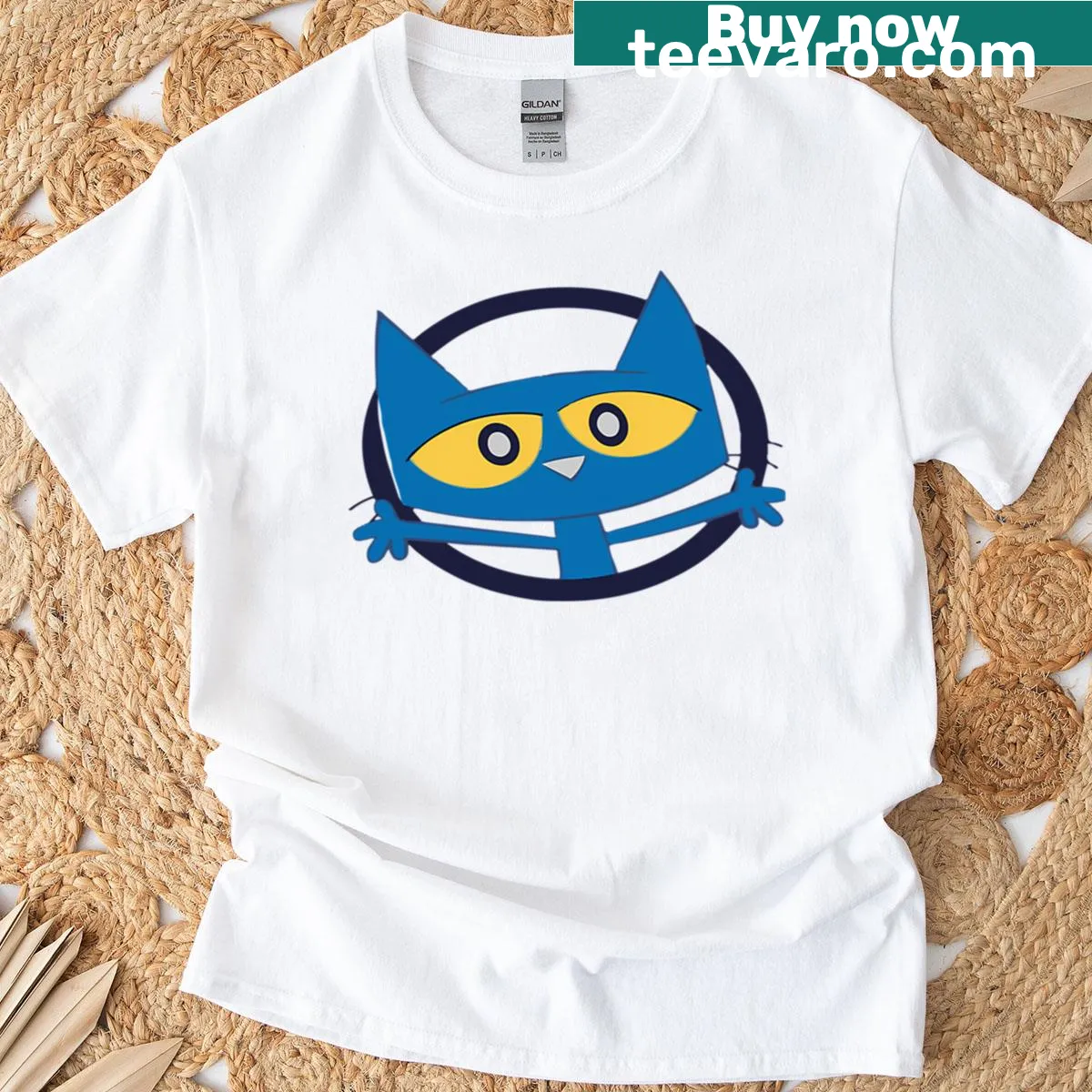 Vintage-style T-shirt with book, movie, and cat illustrations — on a men's t-shirt