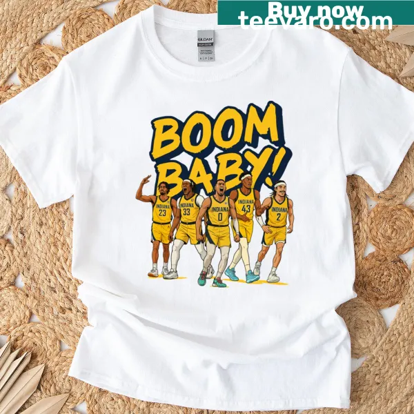 Cartoon basketball playoff design with characters representing Indiana's starting five