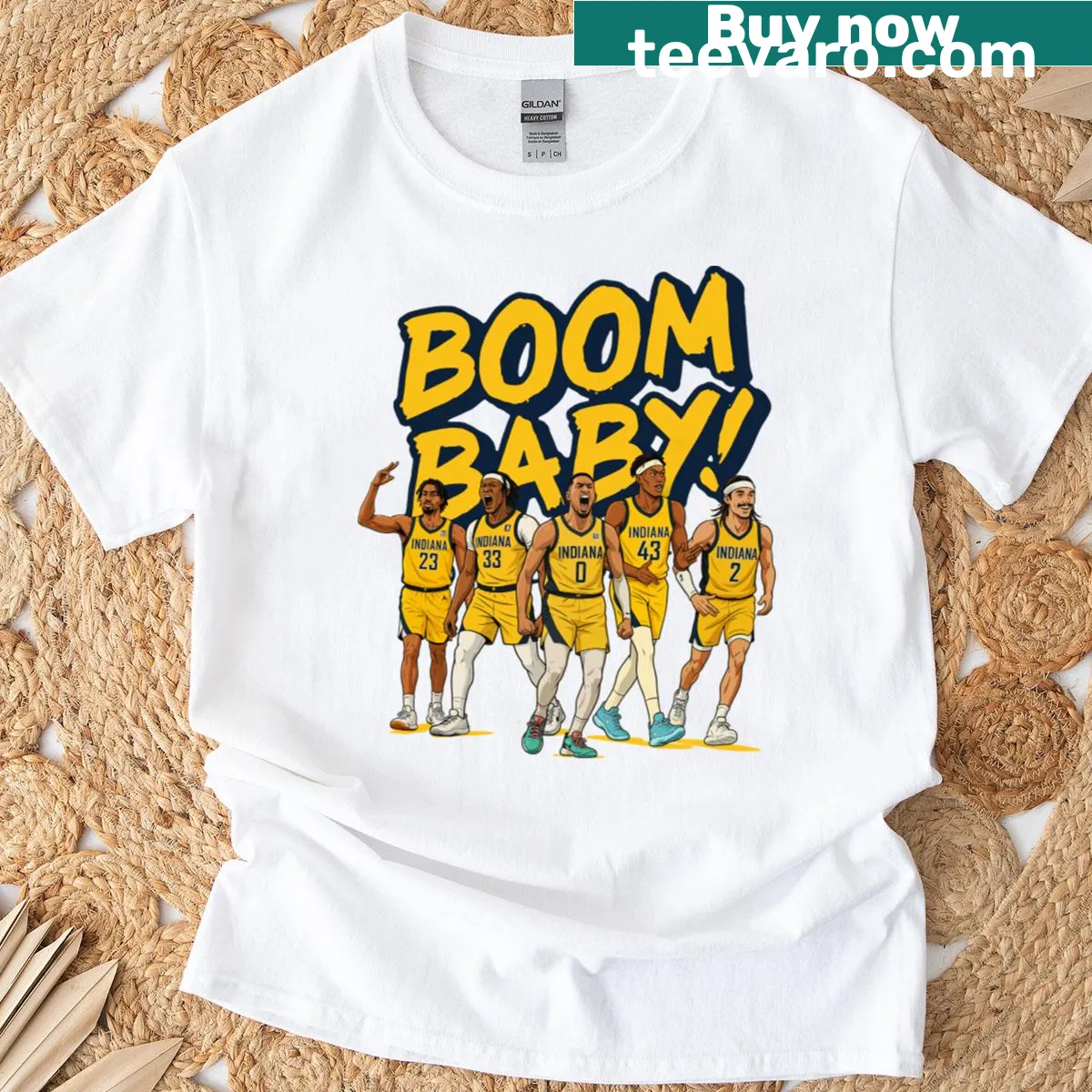 Cartoon basketball playoff design with characters representing Indiana's starting five — on a men's t-shirt