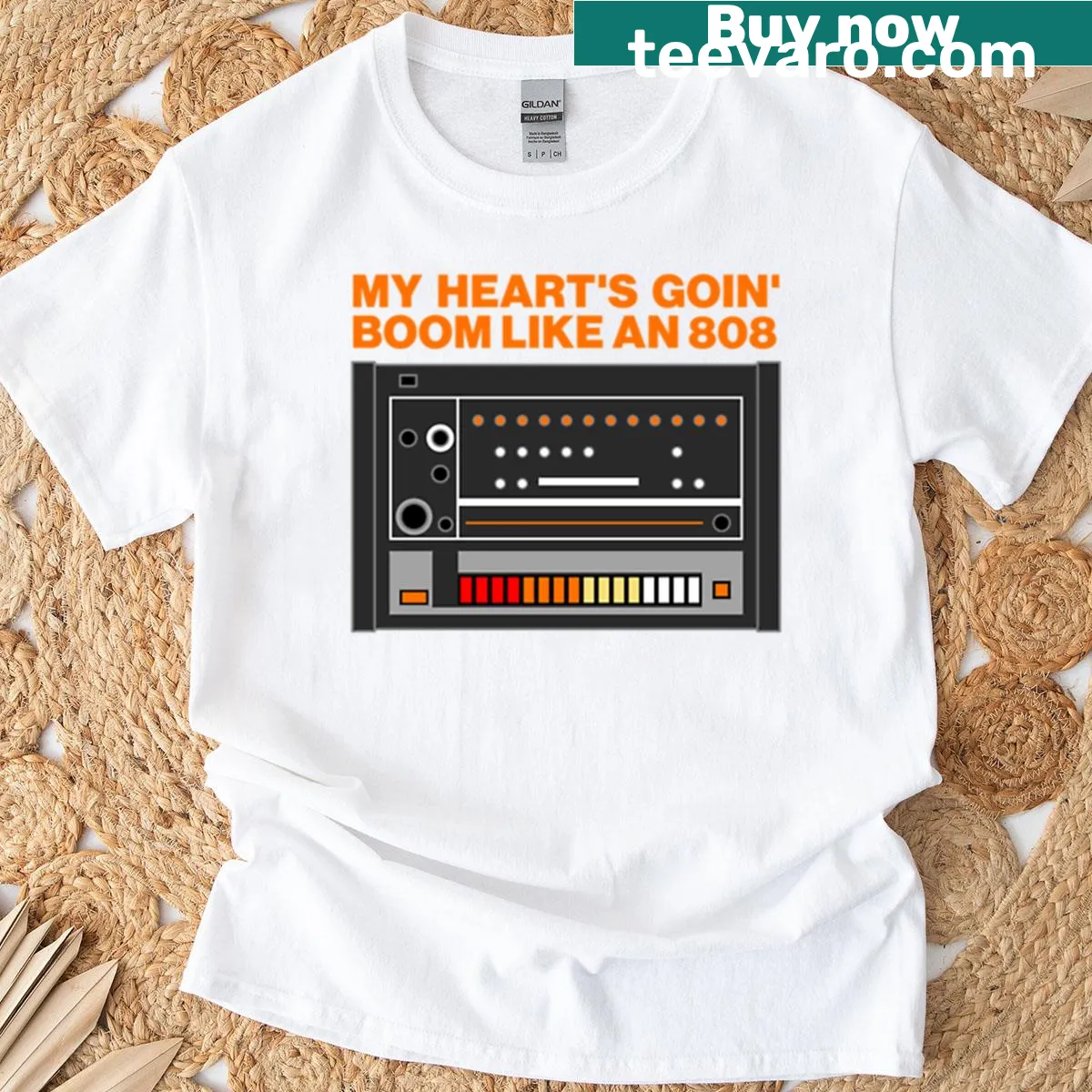 T-shirt with bold typography saying Boom Like An 808 — on a men's t-shirt