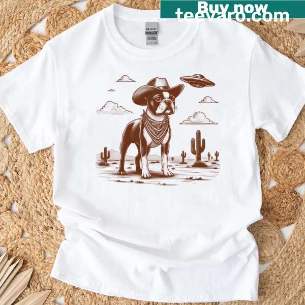 Whimsical Wild West illustration t-shirt for Boston Terrier lovers and dog moms