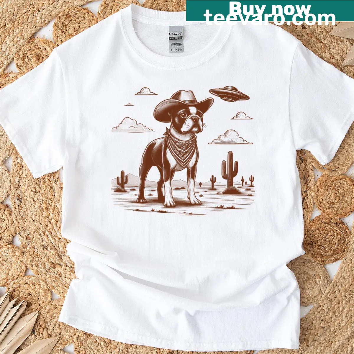 Whimsical Wild West illustration t-shirt for Boston Terrier lovers and dog moms — on a men's t-shirt