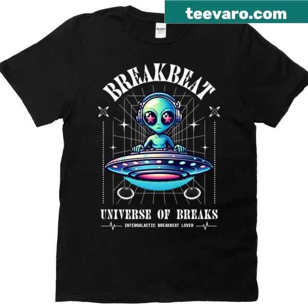 Fun Alien DJ spinning records on a UFO t-shirt