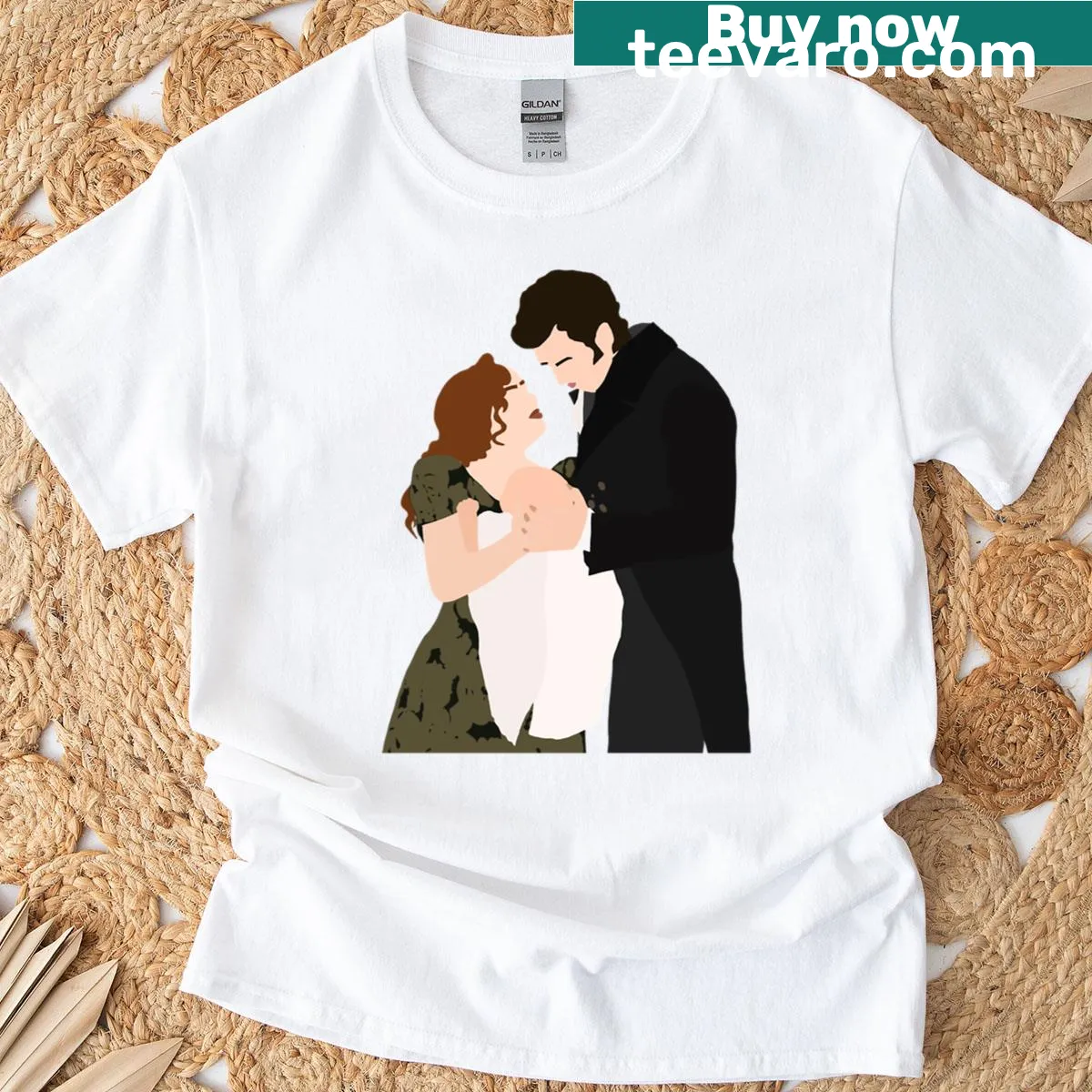 Illustrated oversized t-shirt featuring Penelope, Colin, and their baby from Bridgerton — on a men's t-shirt