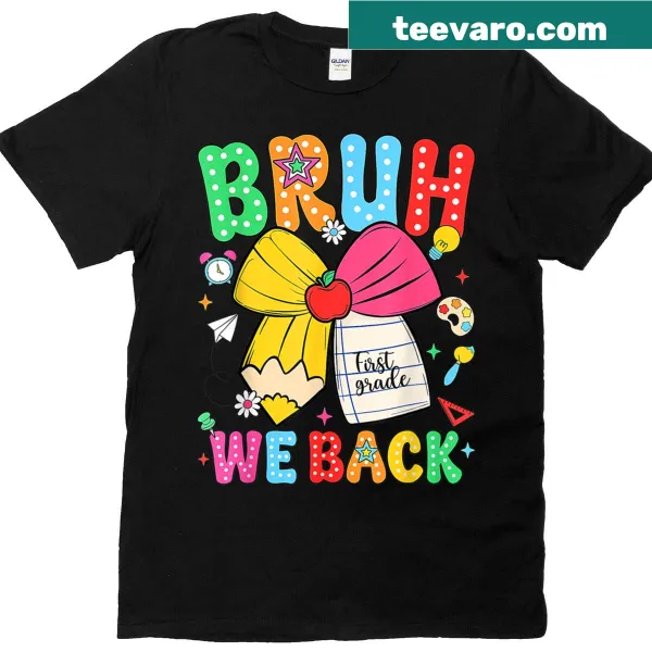 Playful t-shirt for girls with a bow design celebrating returning to 1st grade.