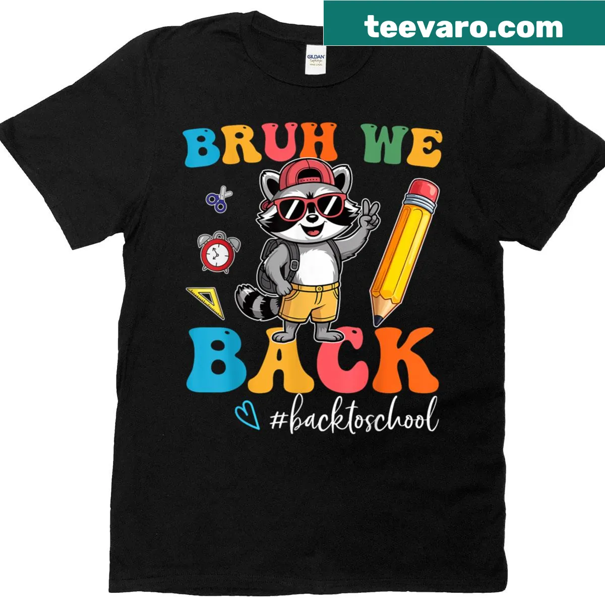 Graphic t-shirt with a funny raccoon and text 'Bruh We Back' for kids. — on a men's t-shirt