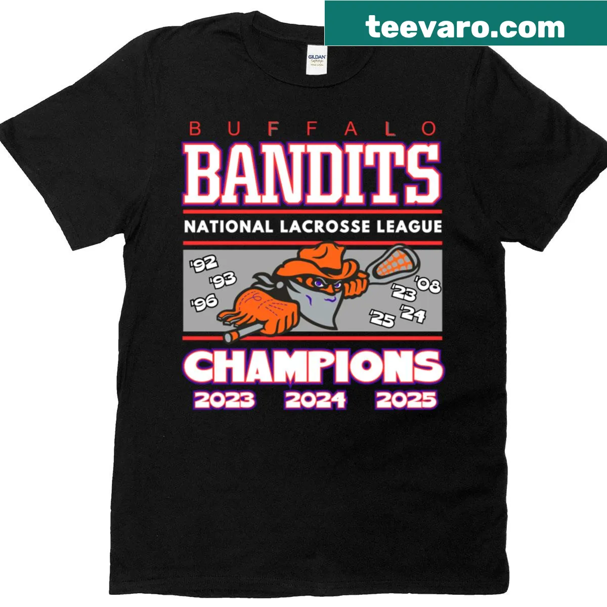 Buffalo NLL Champs t-shirt featuring a bold team graphic — on a men's t-shirt