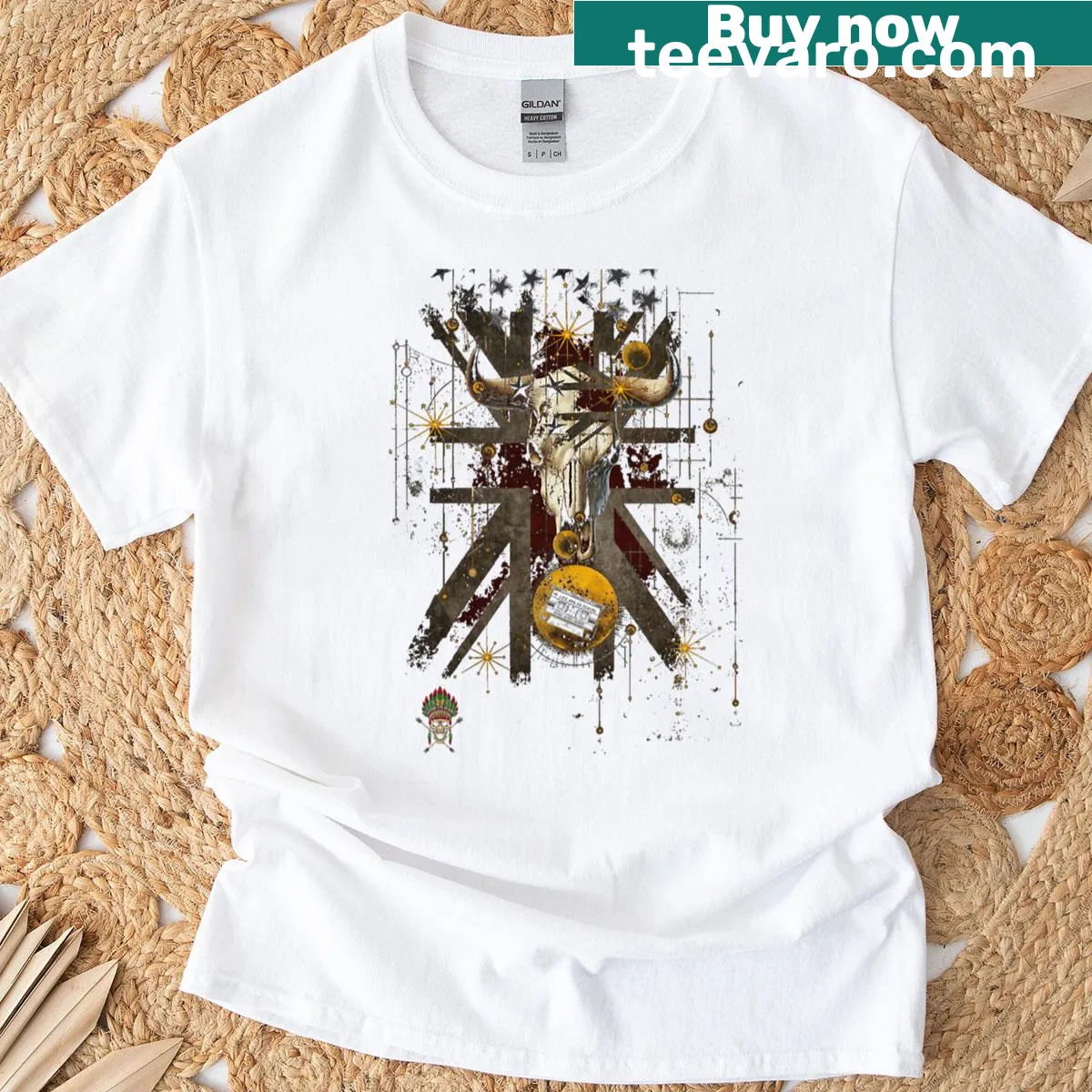 Bull skull graphic over UK flag on t-shirt — on a men's t-shirt