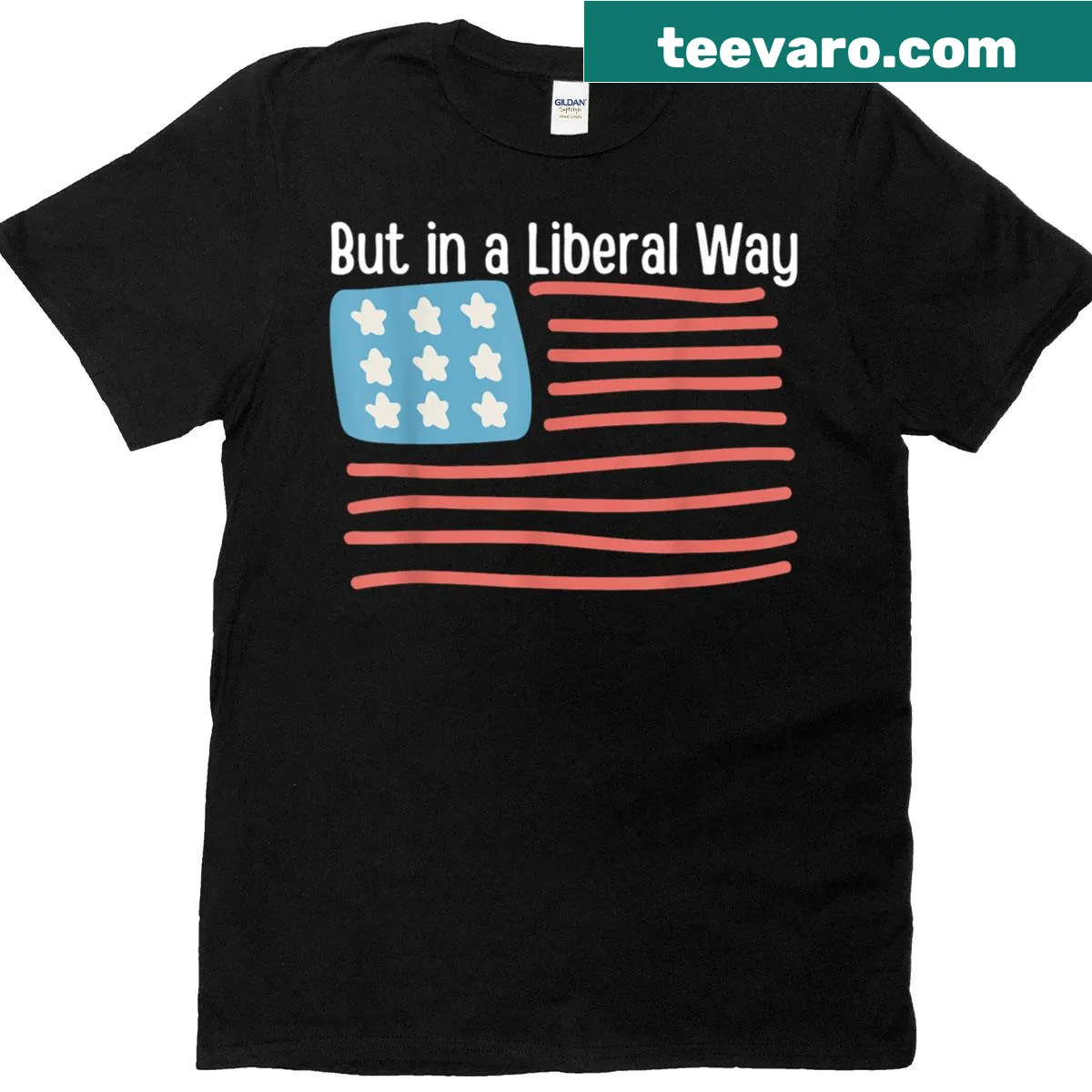 American flag t-shirt with humorous text for Fourth of July — on a men's t-shirt