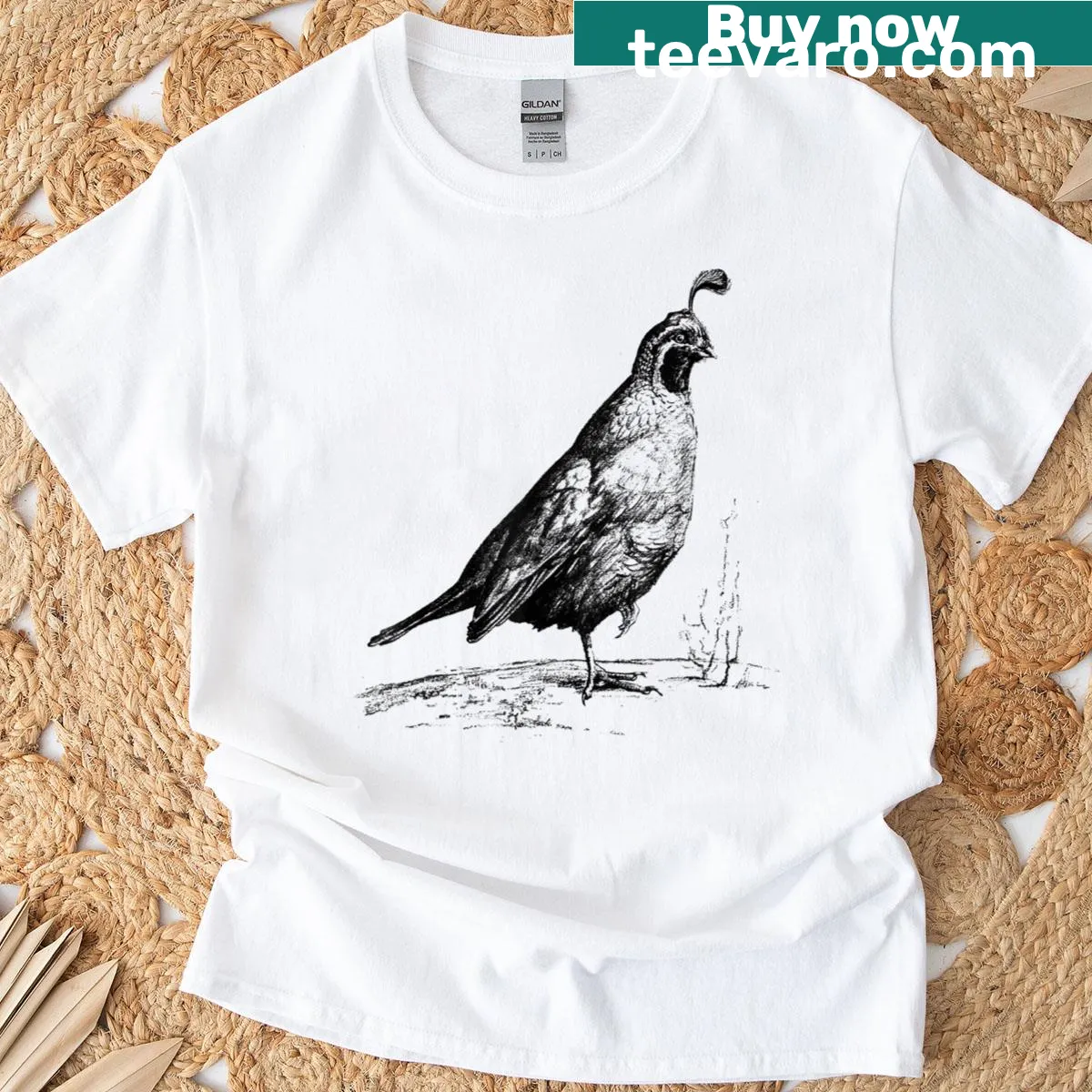 Vintage-style California Quail t-shirt featuring bird illustration. — on a men's t-shirt