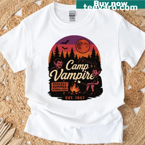 Playful vampire illustration on Camp Vampire t-shirt