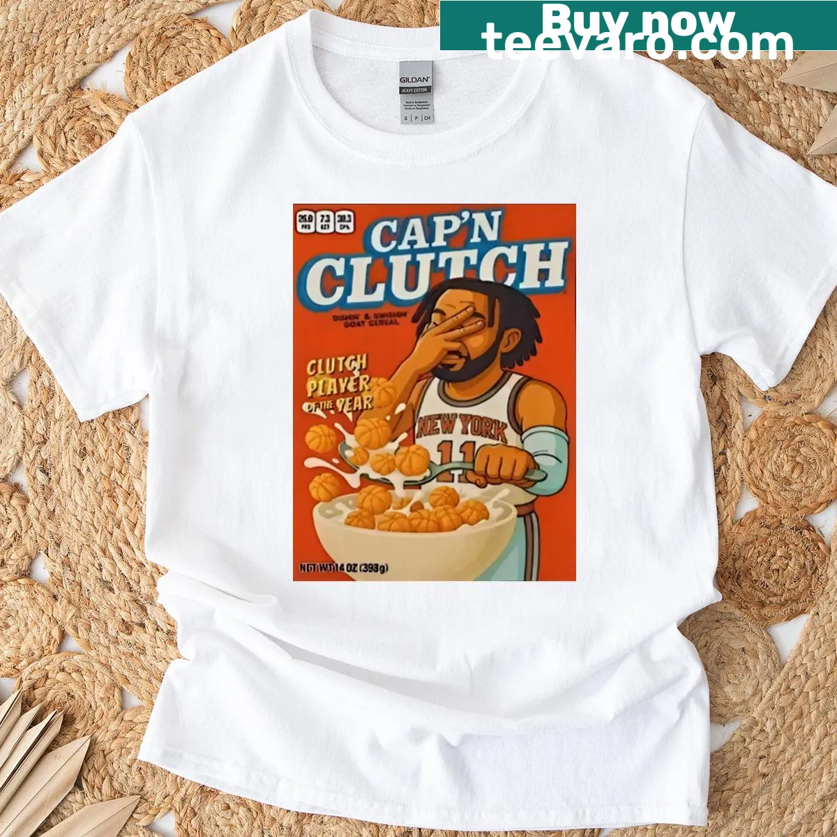 Illustrated Jalen Brunson Knicks shirt with bold Captain Clutch text — on a men's t-shirt