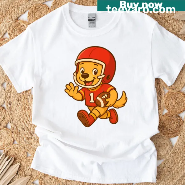 Cartoon dog playing football t-shirt for kids