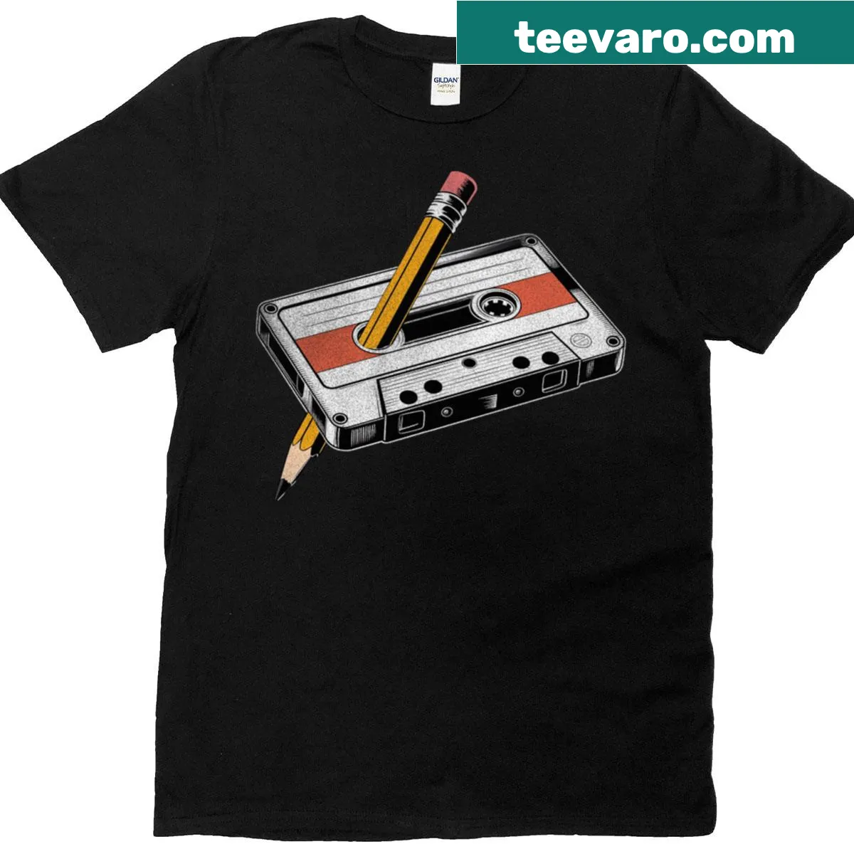 Vintage 80s T-shirt featuring nostalgic cassette tape graphic — on a men's t-shirt