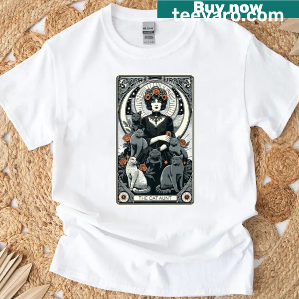 Whimsical Cat Aunt t-shirt with moon and tarot illustrations