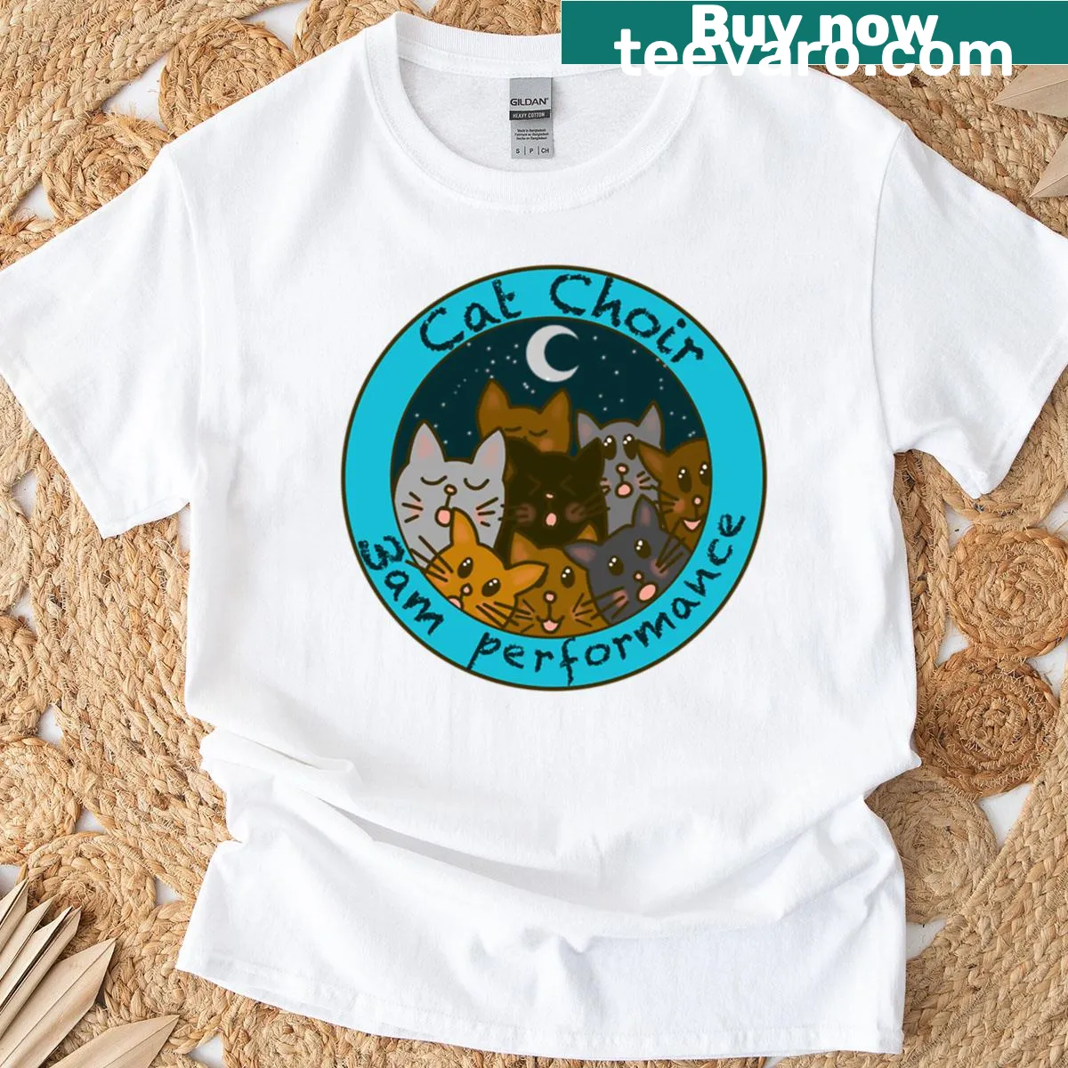 Playful Cat Choir t-shirt featuring cats performing at 3am — on a men's t-shirt