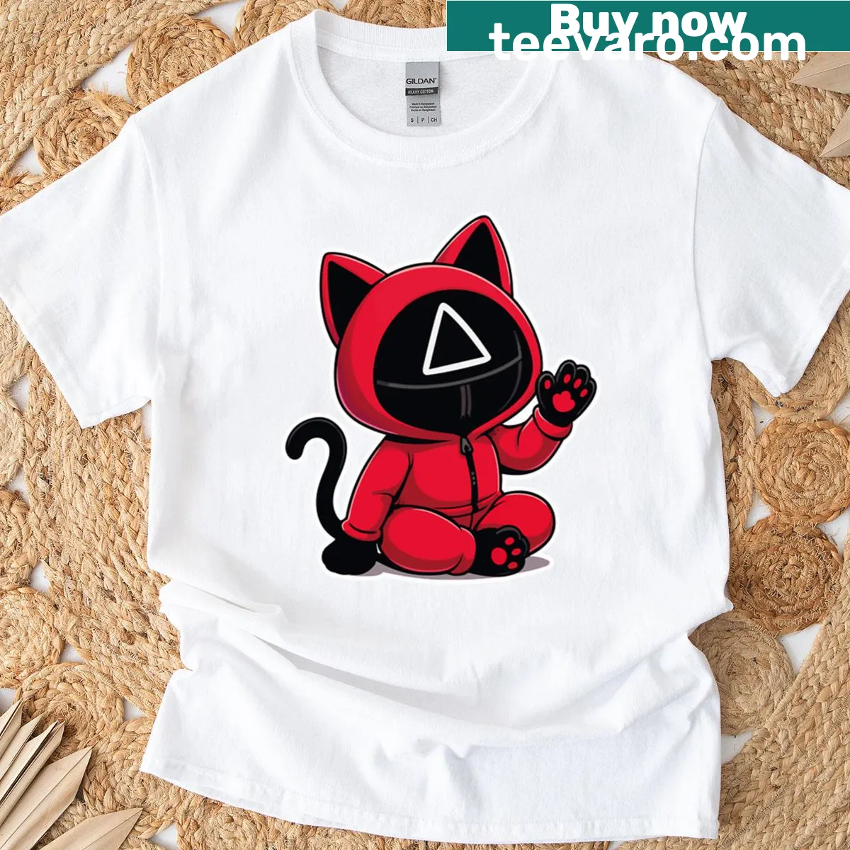 Cat in Squid Game guard costume T-shirt with playful design — on a men's t-shirt
