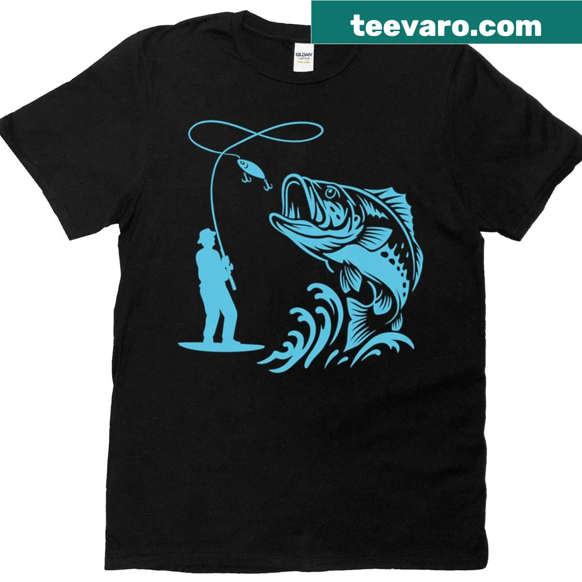 Illustrated angler with a big catch on a T-shirt — on a men's t-shirt