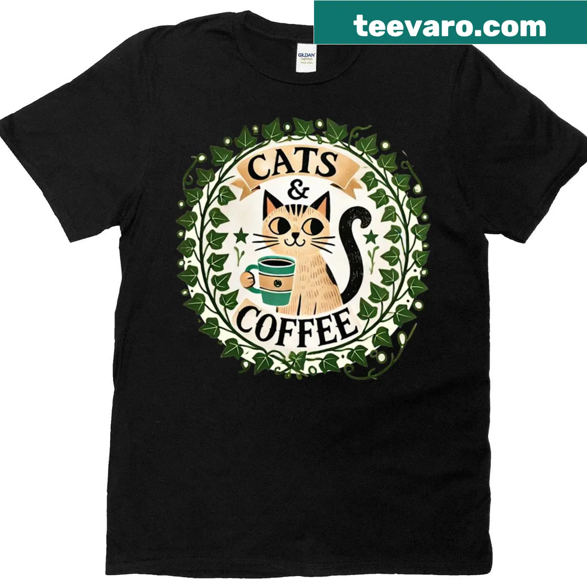 Charming T-shirt with illustrations of cats and coffee — on a men's t-shirt