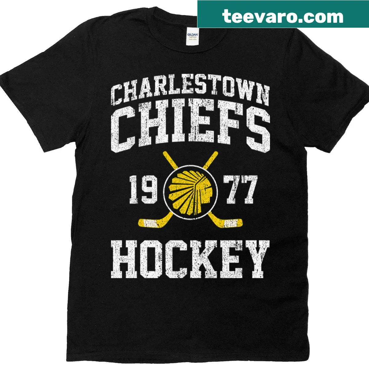 Charlestown Chiefs hockey team logo on a T-shirt — on a men's t-shirt