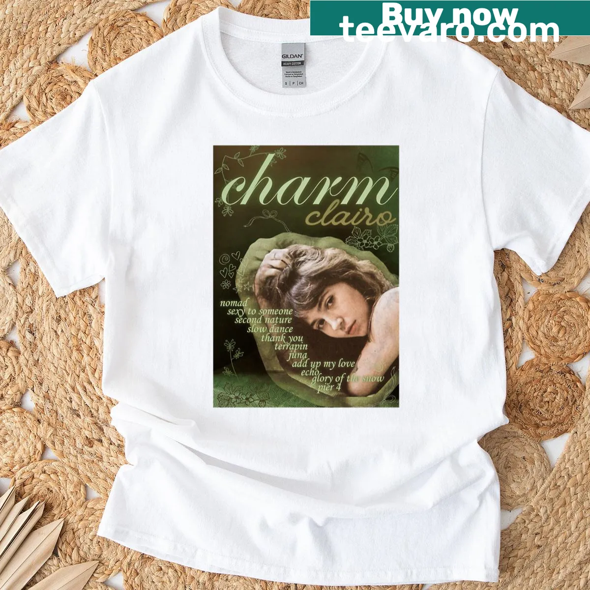 Illustrative design inspired by Clairo's Charm on t-shirt — on a men's t-shirt