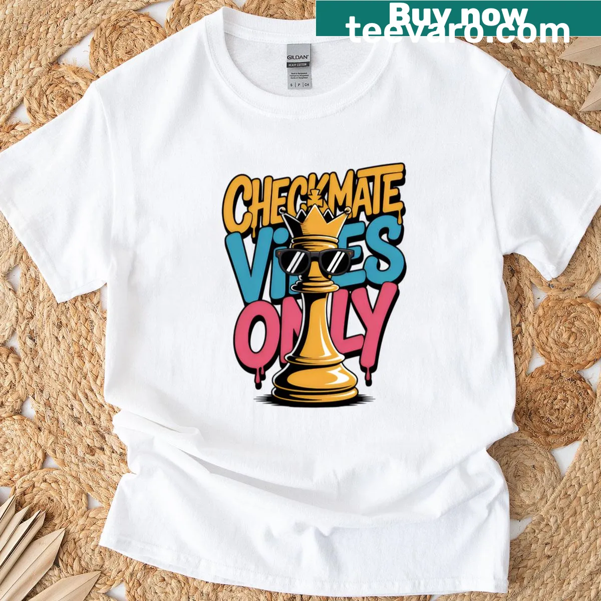 T-shirt with the phrase Checkmate Vibes Only in bold typography. — on a men's t-shirt