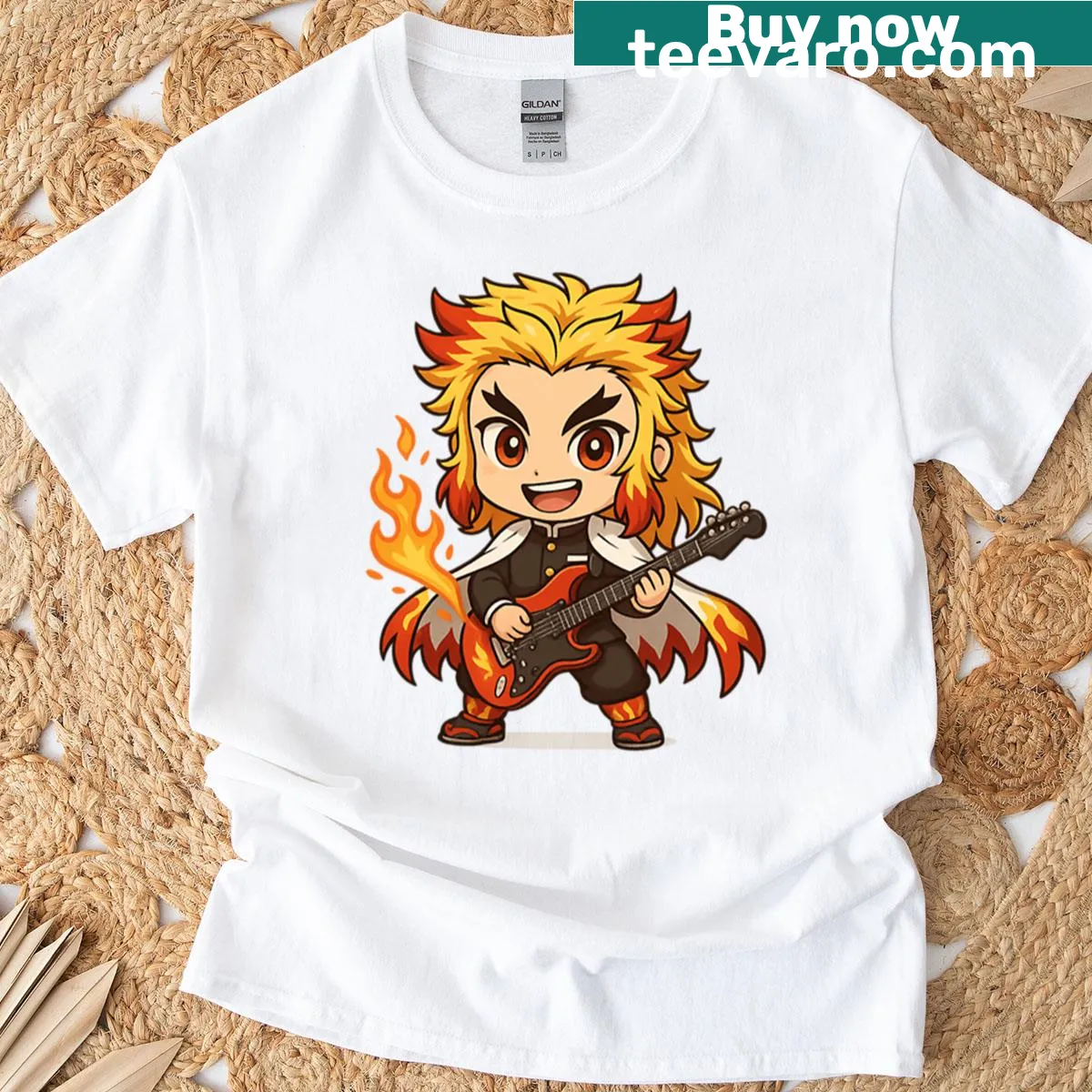 Kawaii Chibi Fire Swordsman with guitar on t-shirt — on a men's t-shirt