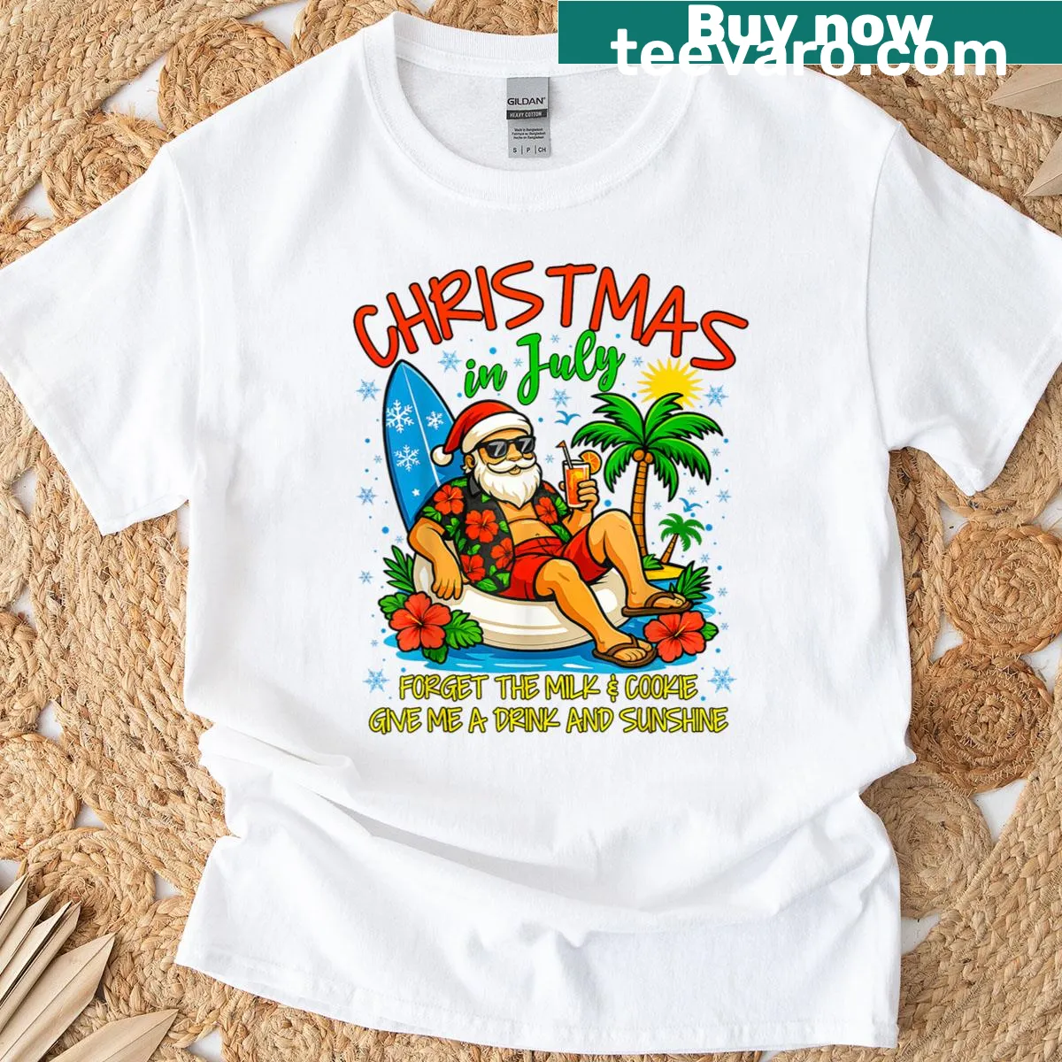 Santa under palm tree graphic for Christmas in July — on a men's t-shirt