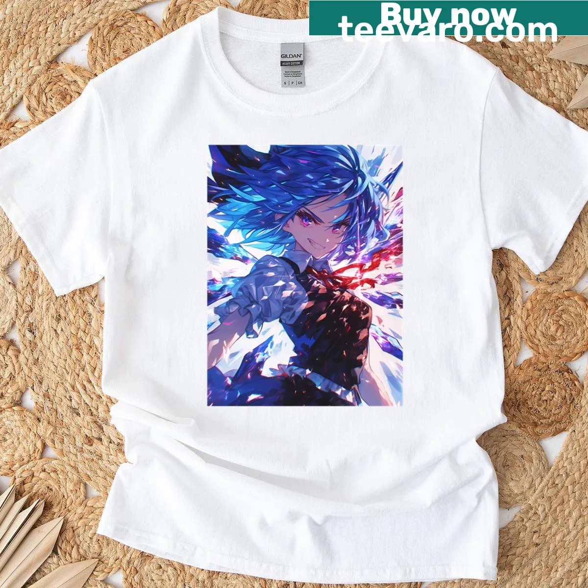 Anime-themed T-shirt featuring Cirno and Remilia Scarlet in an energetic design — on a men's t-shirt
