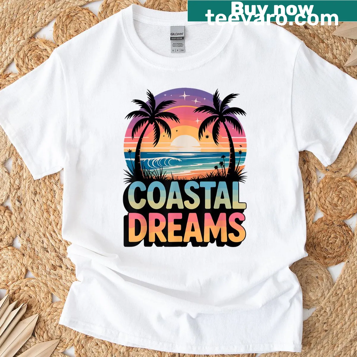 Coastal Dreams T-shirt featuring sunset and palm tree design — on a men's t-shirt