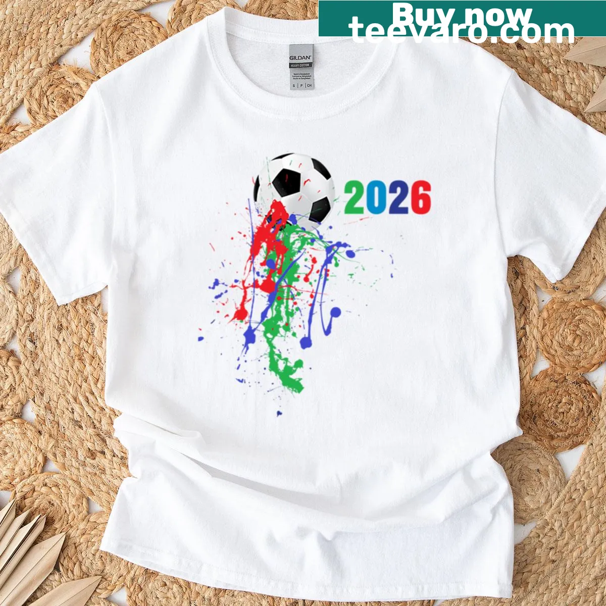Illustration of a colorful soccer ball with fun graphics — on a men's t-shirt